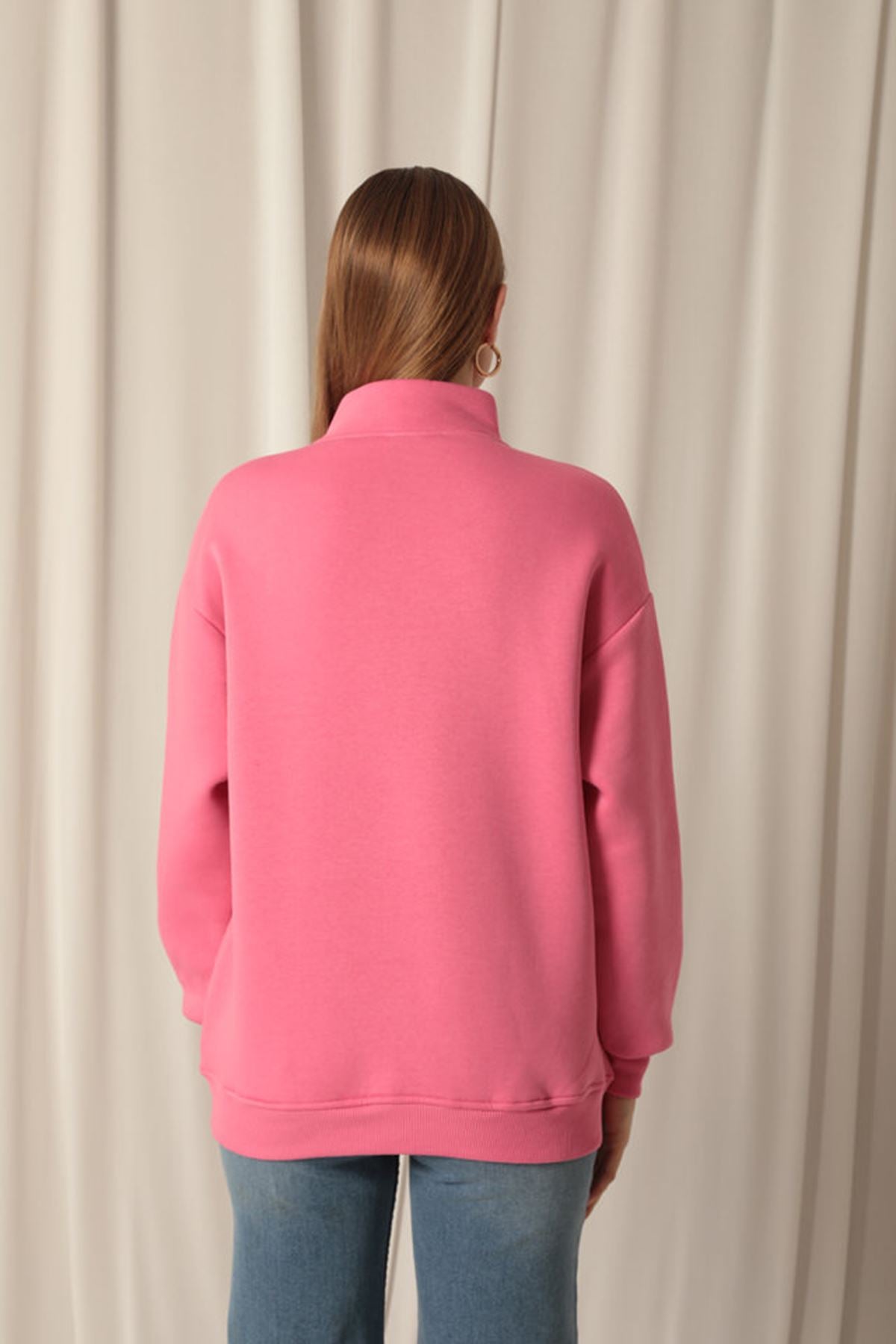 Üç İplik Dik Yaka Yarım Fermuarlı Kadın Pembe Sweat