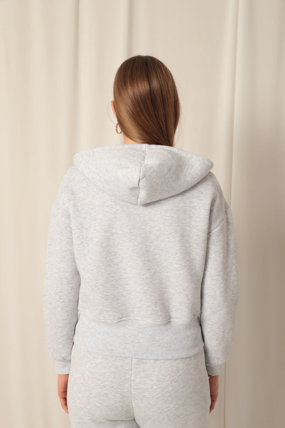 Üç İplik Fermuarlı Kapüşonlu Kısa Açık Gri Sweat