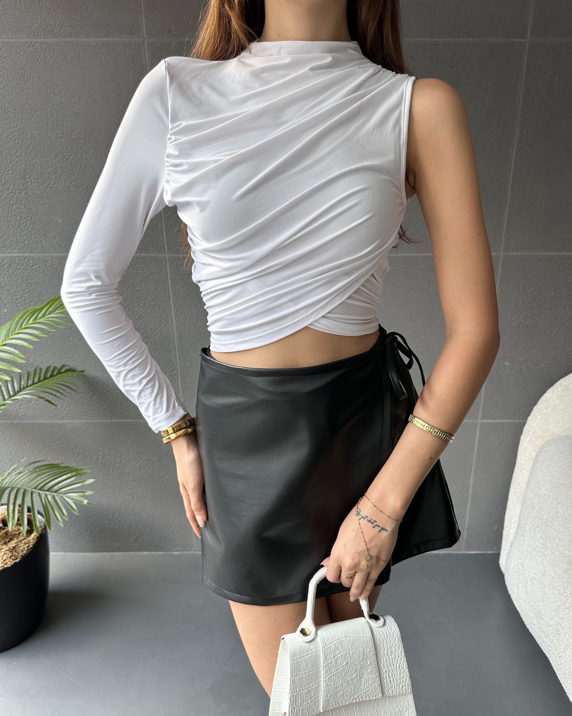 Tek Omuz Drape Detaylı Bluz