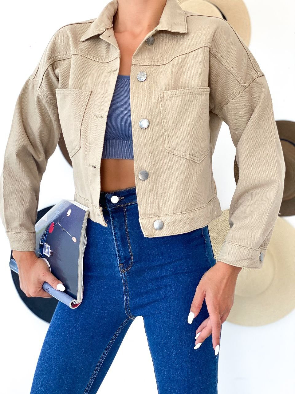 Çift Cepli Denim Crop Ceket