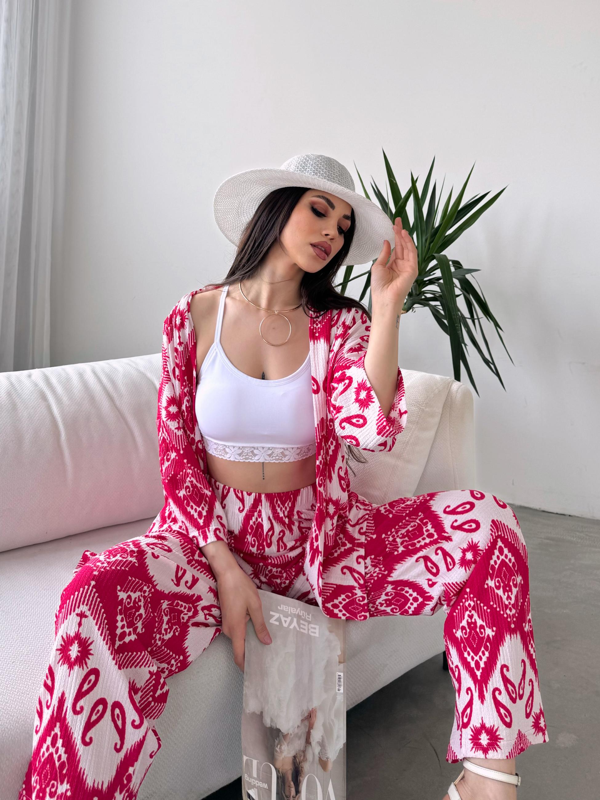 Desenli Kimono Ve Pantolon İkili Takım