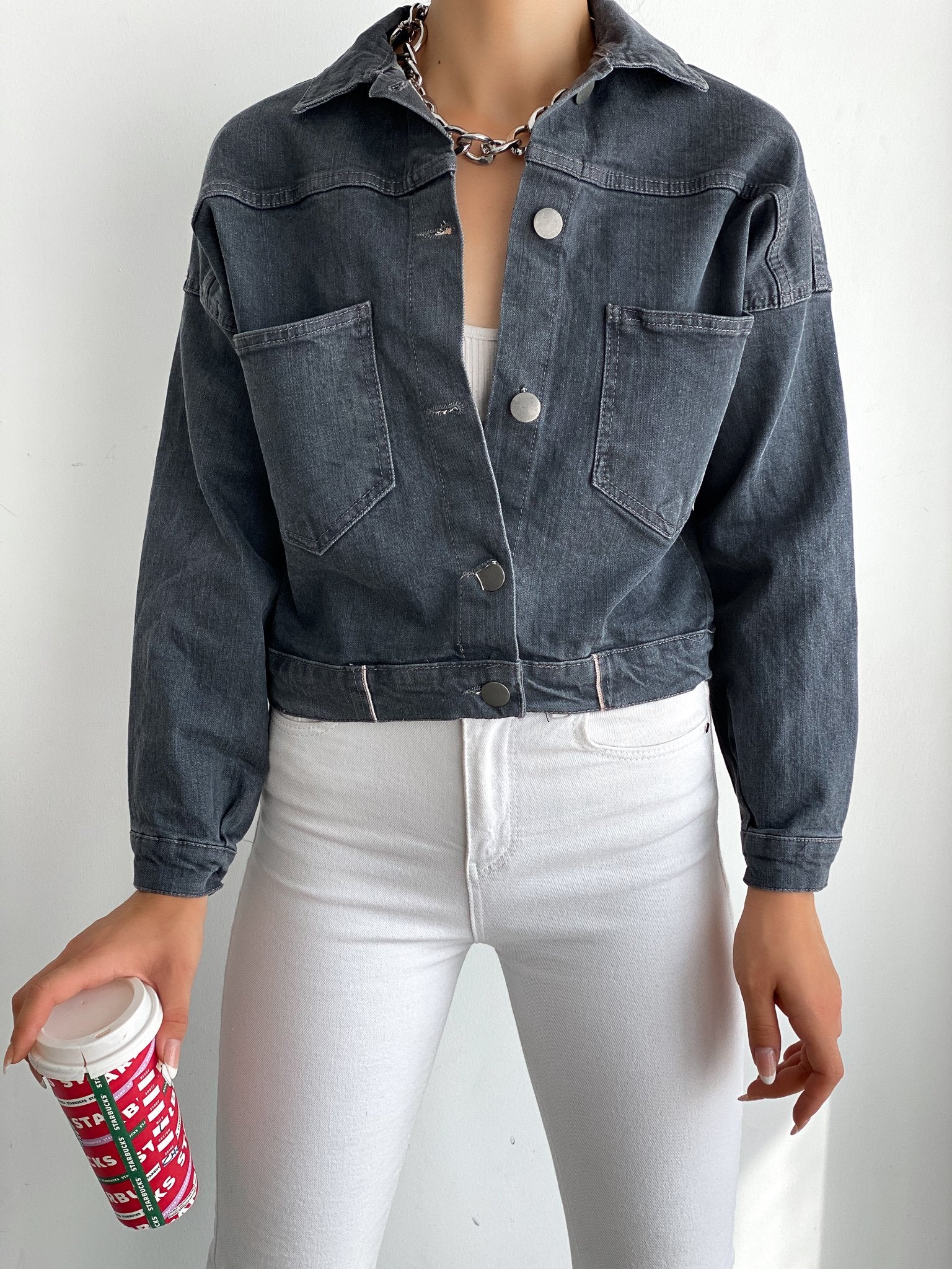 Çift Cepli Denim Crop Ceket