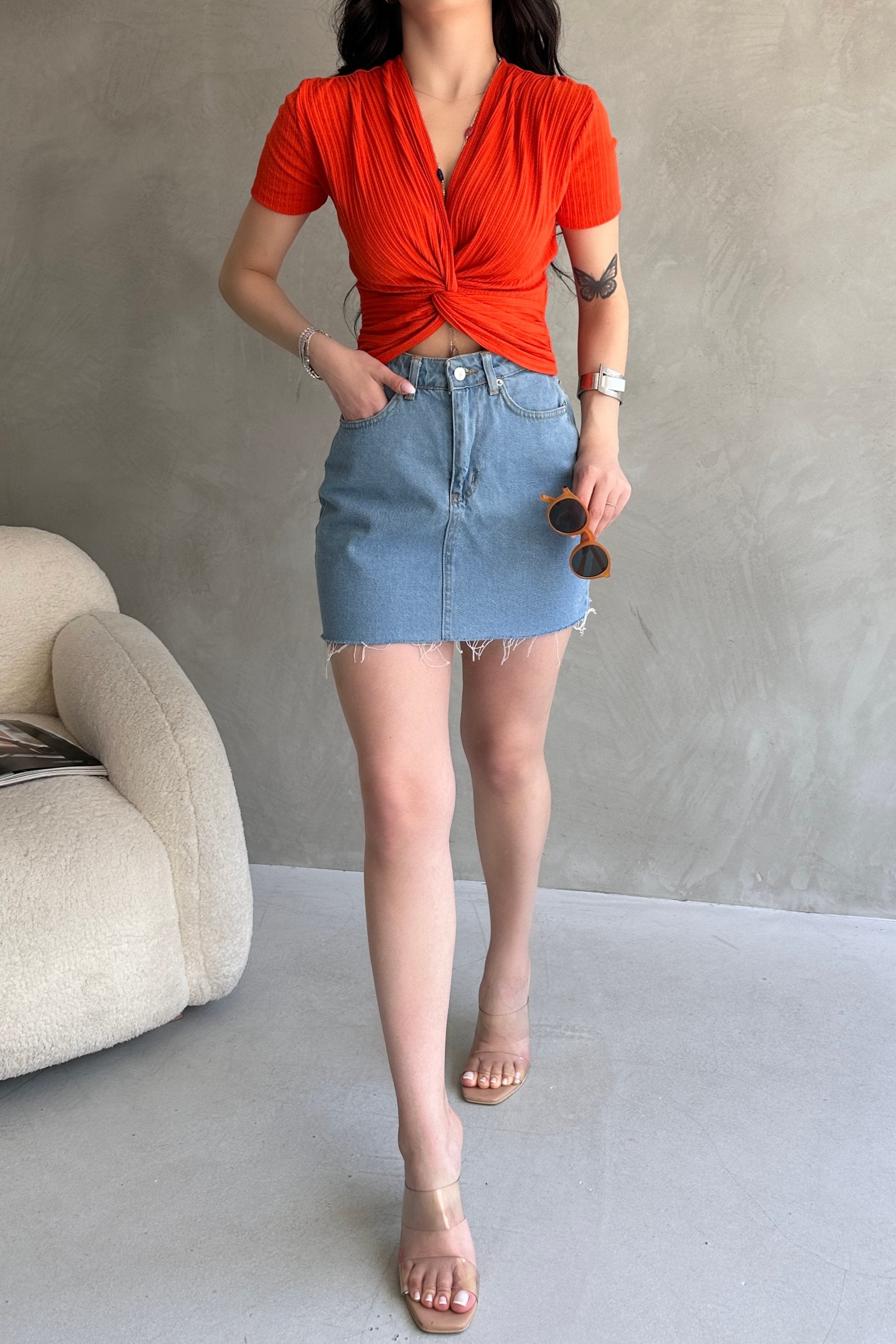Kruvaze Yaka Crop Bluz