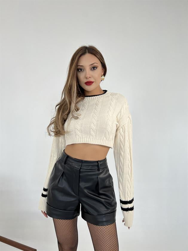 3925 TRİKO SAÇ ÖRGÜ MAHSUL KAZAK-KREM-SİYAH