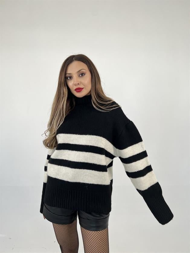 3941 ÇİZGİLİ ŞARDON KAZAK-SİYAH-KREM