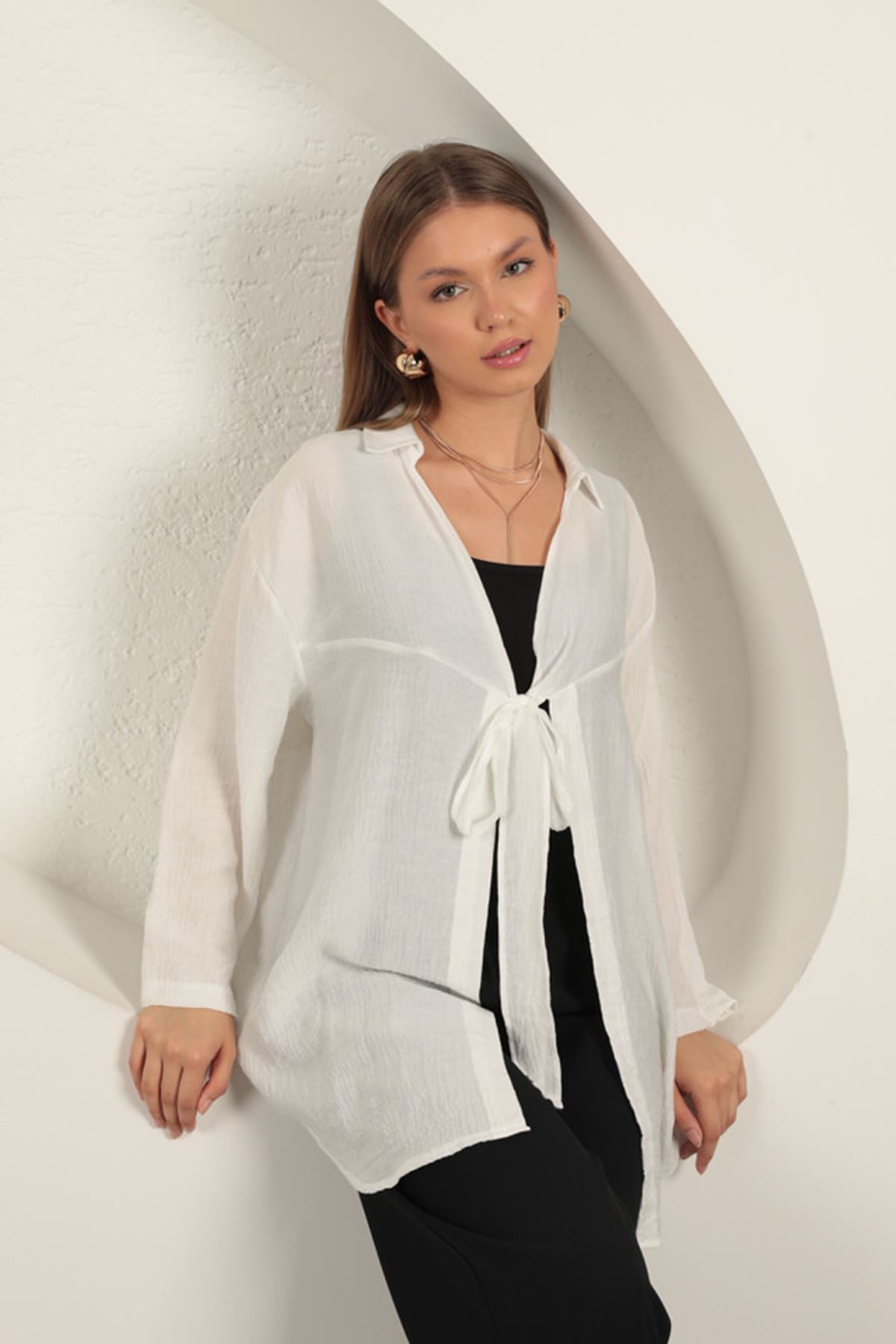 Ağaç Kabuğu Kumaş Kimono-Ekru