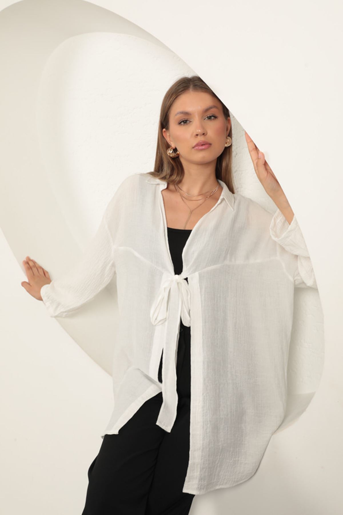 Ağaç Kabuğu Kumaş Kimono-Ekru
