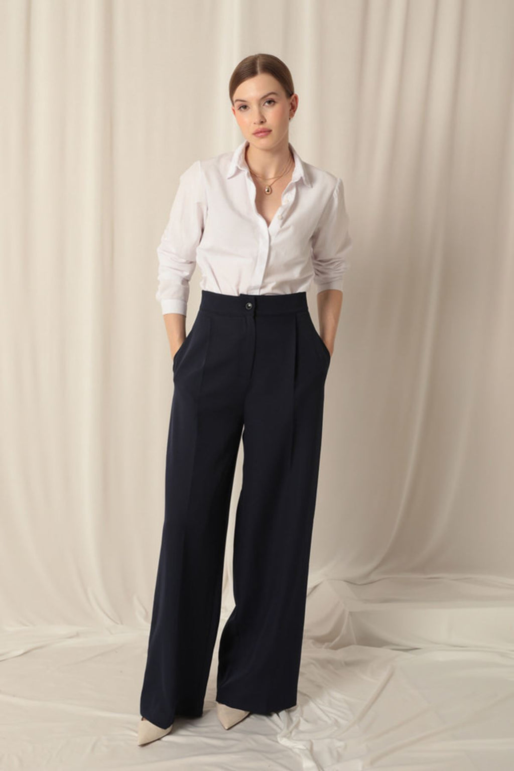 Женские синие брюки палаццо из ткани атлас