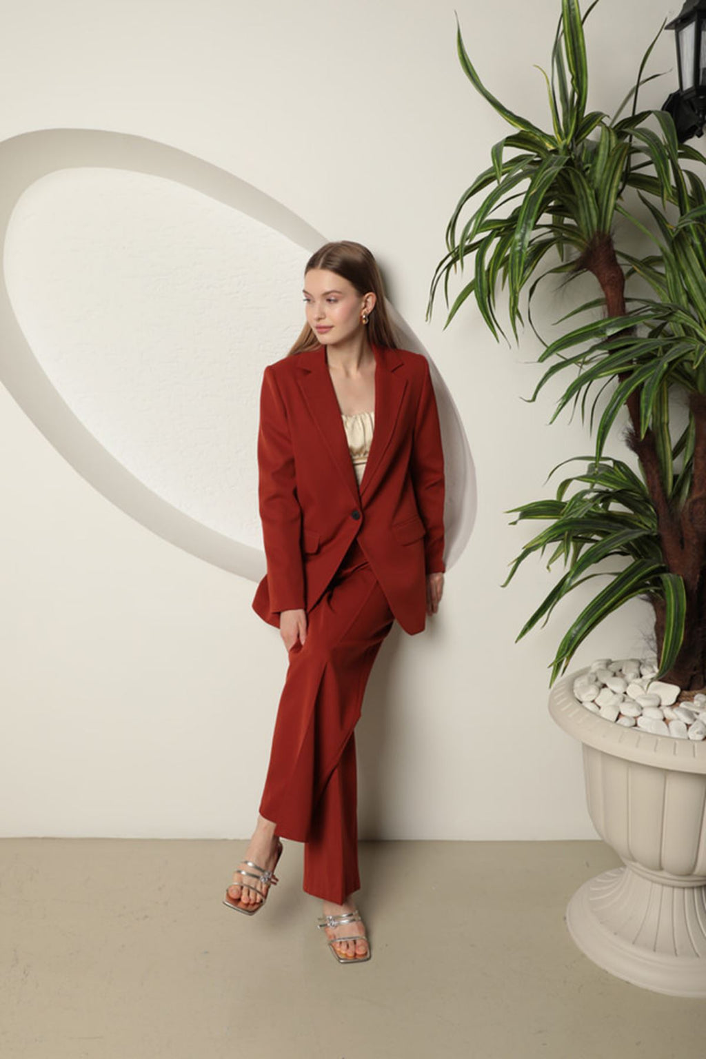 Atlas Kumaş Kadın Oversize Ceket-Kiremit