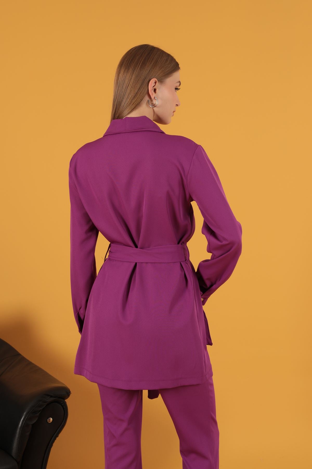 Atlas Kumaş Cep Espirili Kadın Ceket-Mürdüm