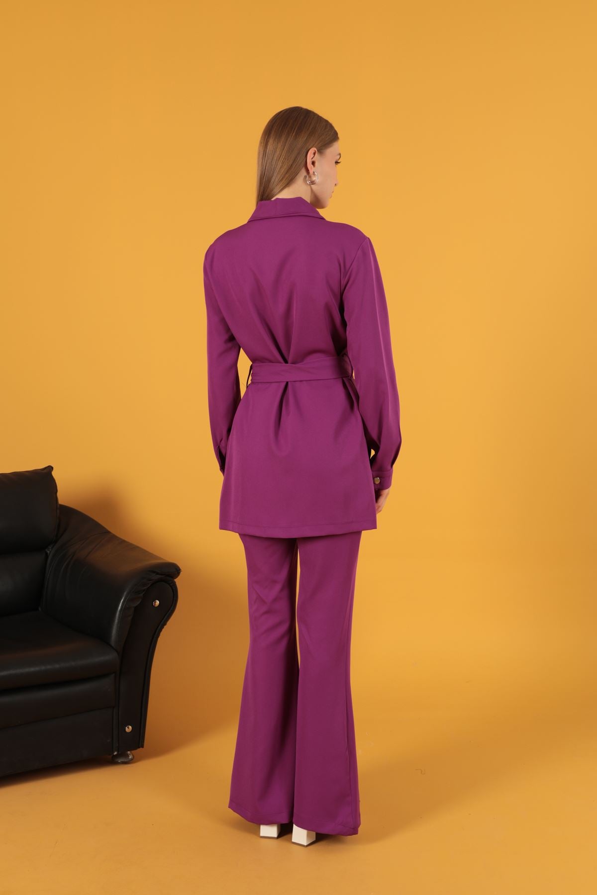 Atlas Kumaş Cep Espirili Kadın Ceket-Mürdüm