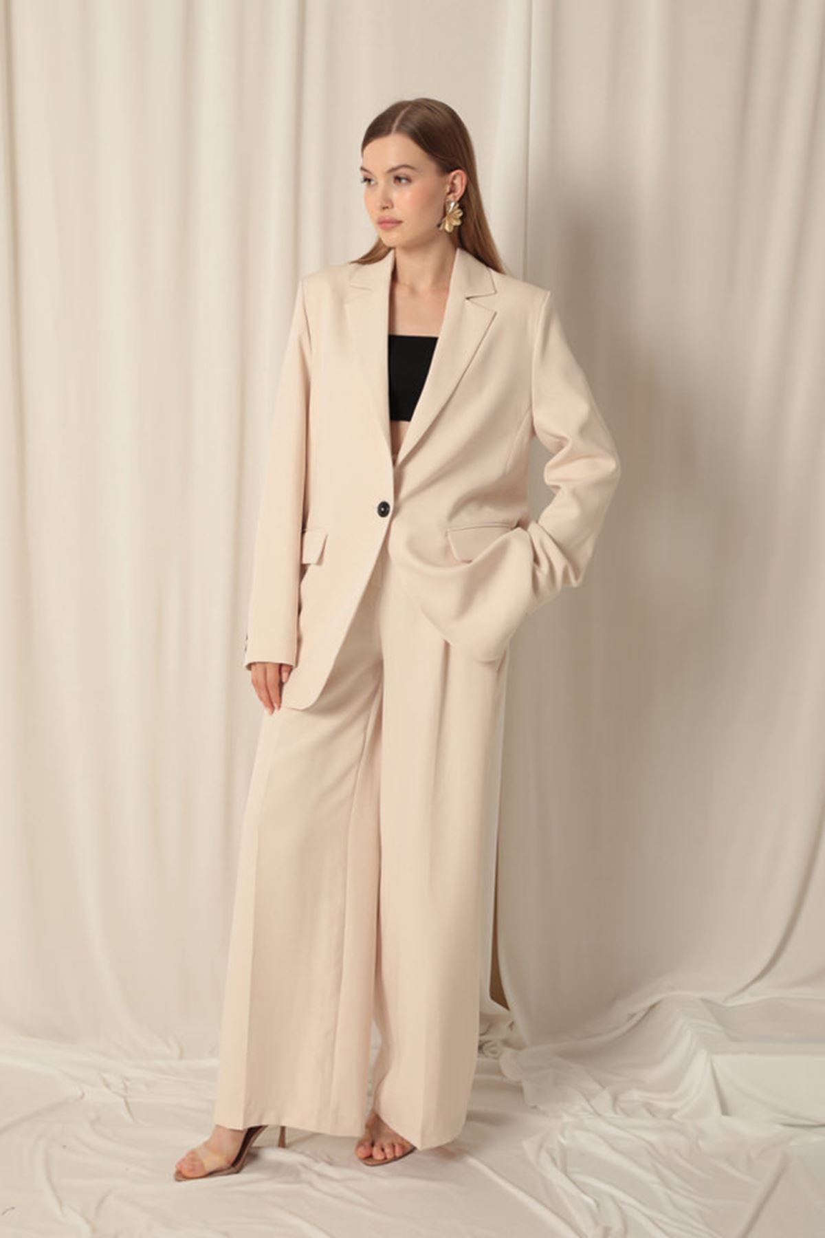 Atlas Kumaş Palazzo Kadın Bej Pantolon