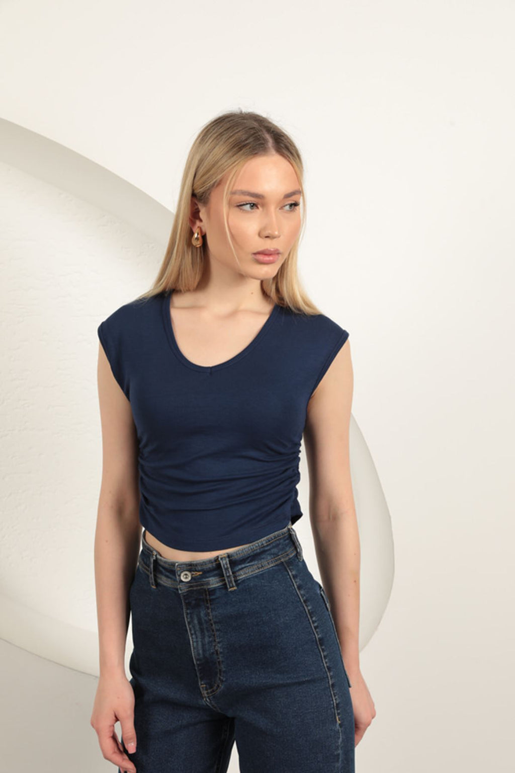 Блузка Çilek Viscose Fabric Side Gathered Blouse-Navy Blue