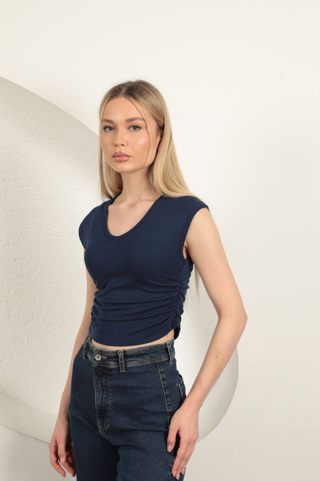 Блузка Çilek Viscose Fabric Side Gathered Blouse-Navy Blue