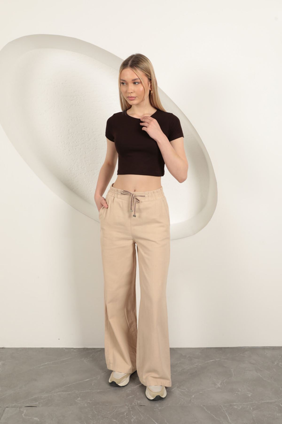 Çilek Viskon Kumaş Basic Crop-Kahve