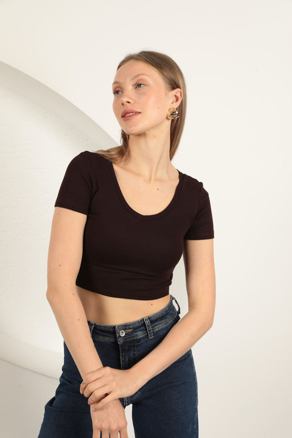 Çilek Viscose Fabric V-Neck Basic T-Shirt-Coffee