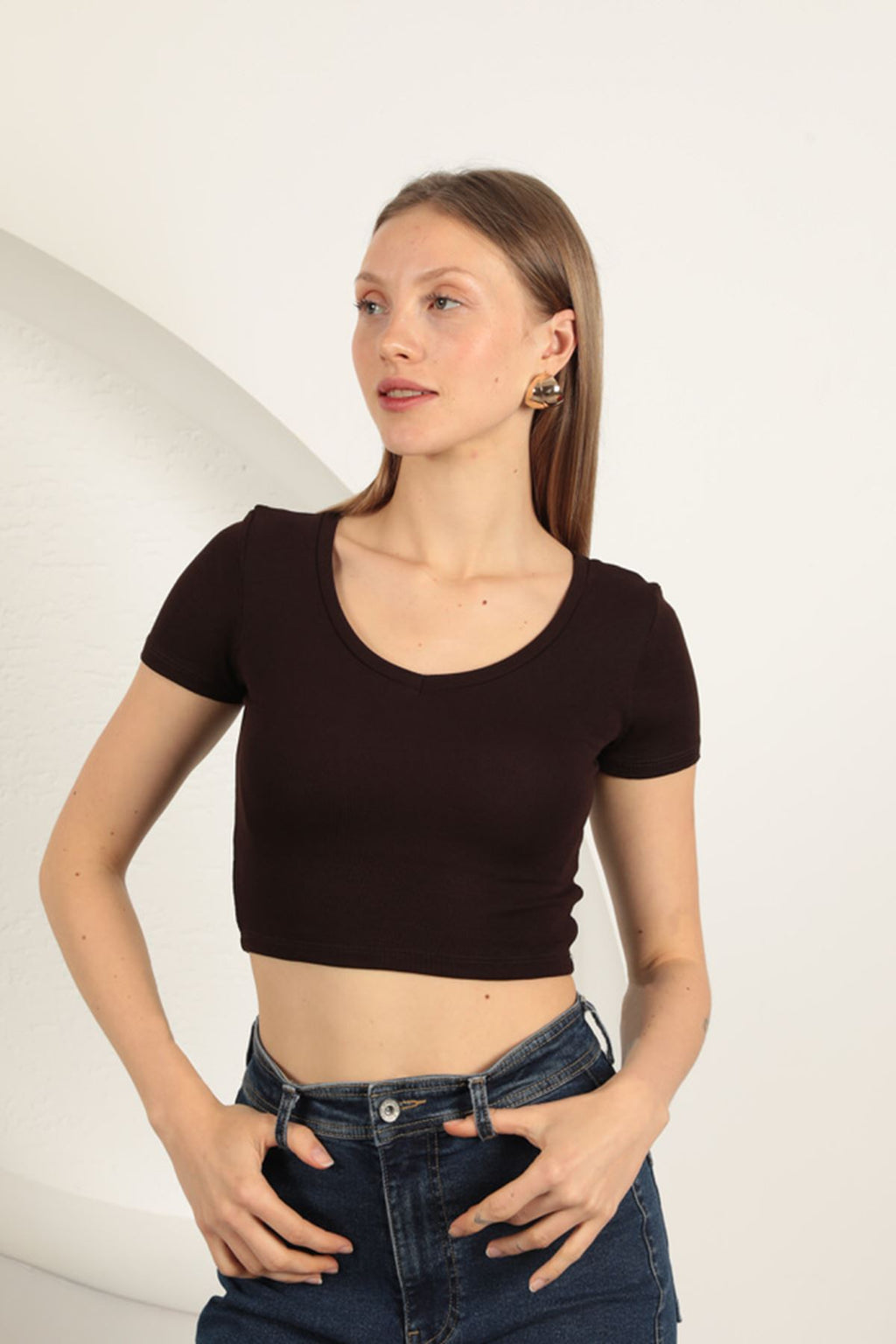 Çilek Viscose Fabric V-Neck Basic T-Shirt-Coffee