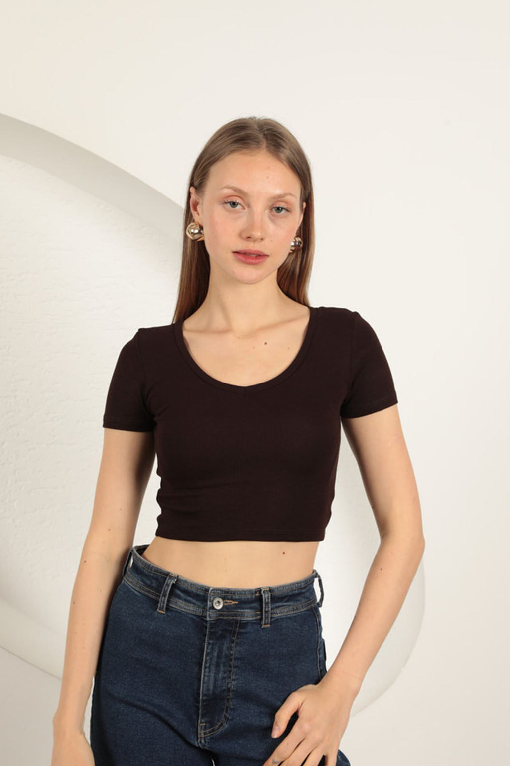 Çilek Viscose Fabric V-Neck Basic T-Shirt-Coffee