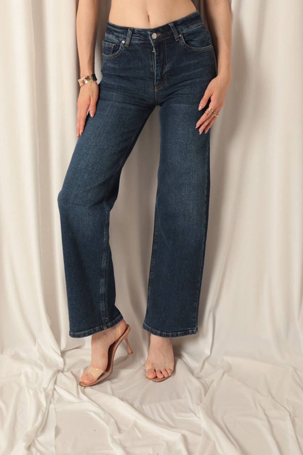 Denim Kumaş Geniş Paça Kadın Lacivert Kot Pantolon