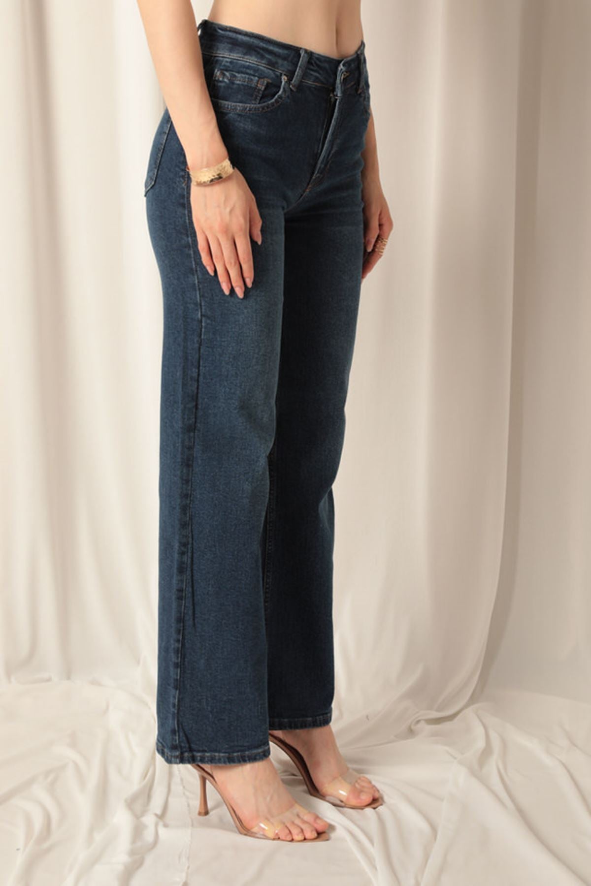 Denim Kumaş Wide Leg Kadın Lacivert Kot Pantolon