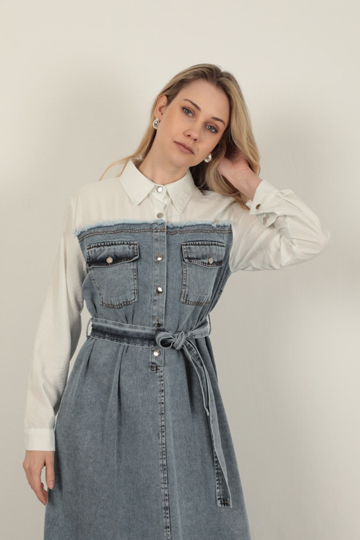 Denim Kumaş Garnili Elbise-Ekru
