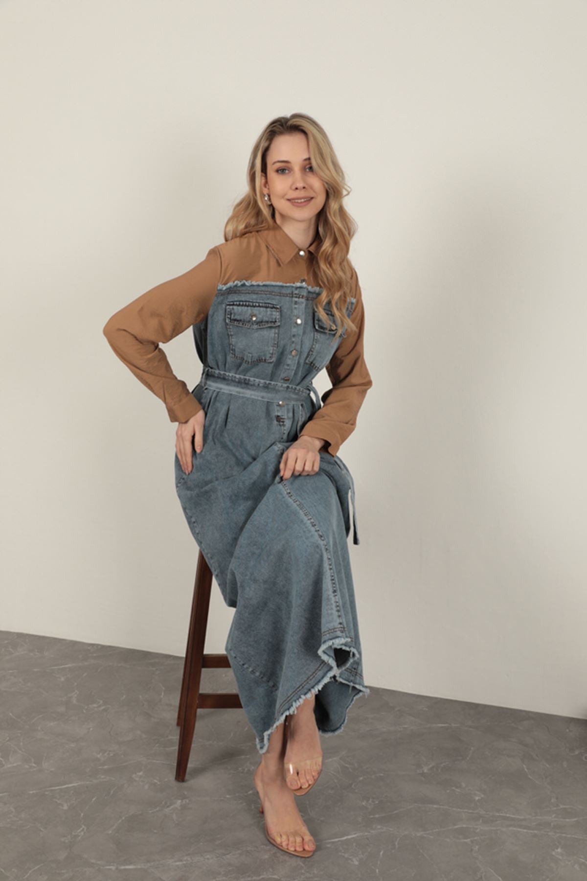 Denim Kumaş Garnili Elbise-Kahve