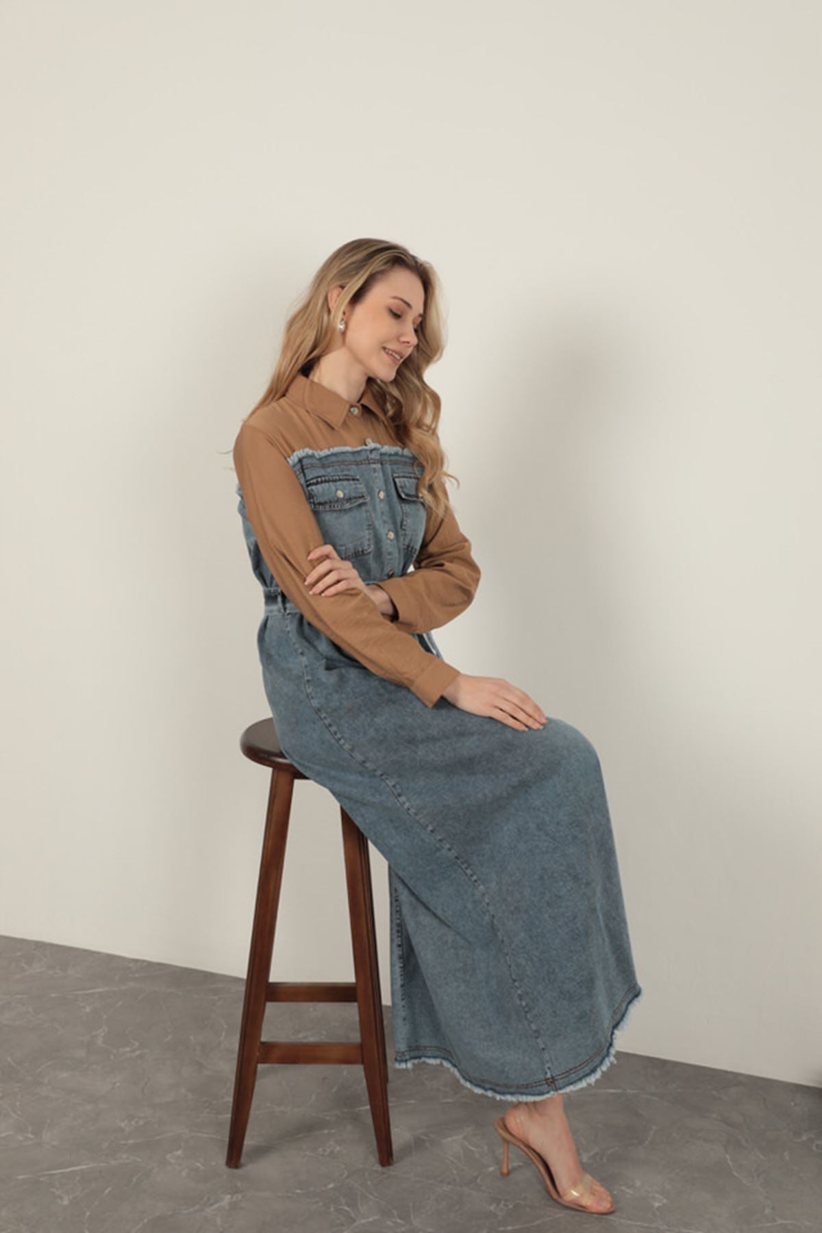 Denim Kumaş Garnili Elbise-Kahve
