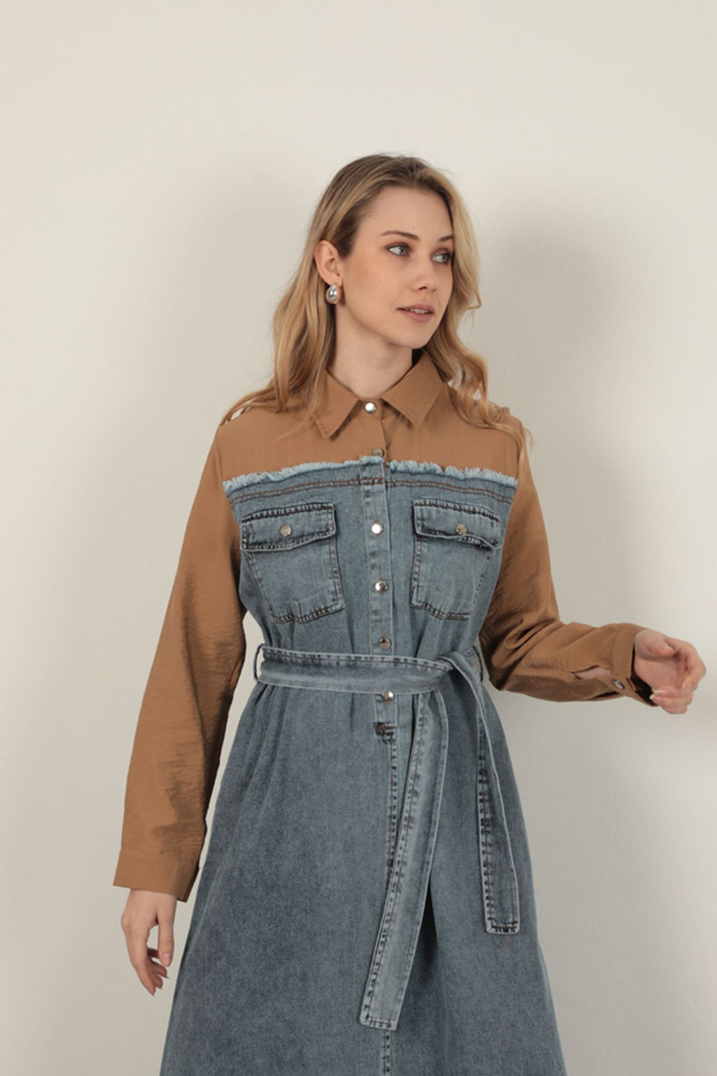Denim Kumaş Garnili Elbise-Kahve