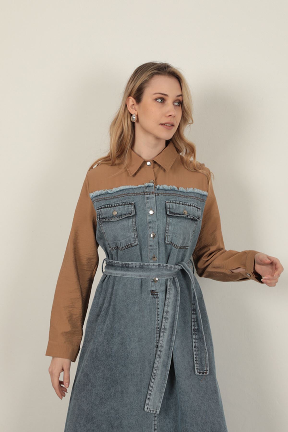 Denim Kumaş Garnili Elbise-Kahve