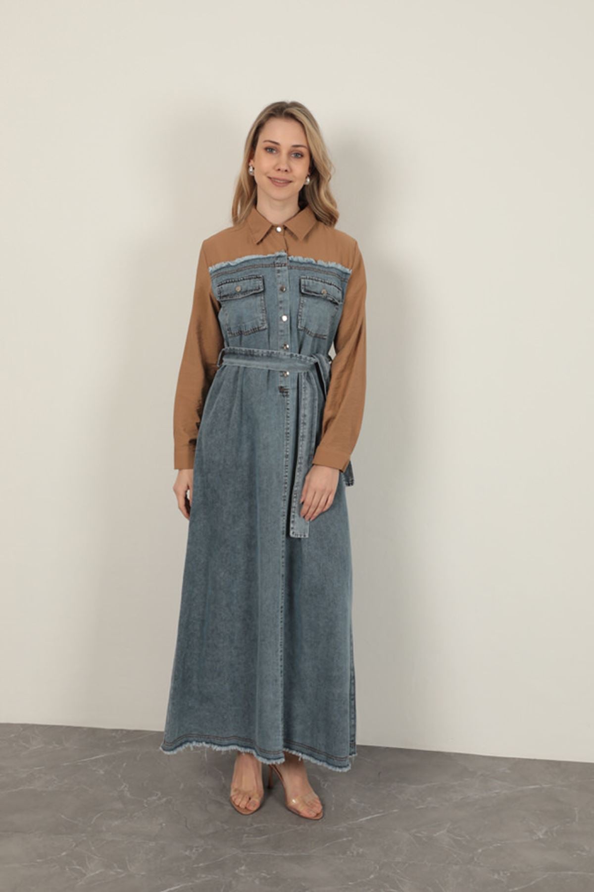 Denim Kumaş Garnili Elbise-Kahve