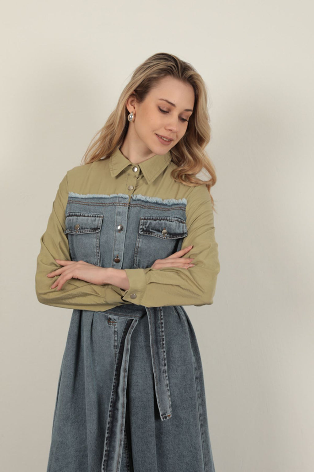 Denim Kumaş Garnili Elbise-Haki