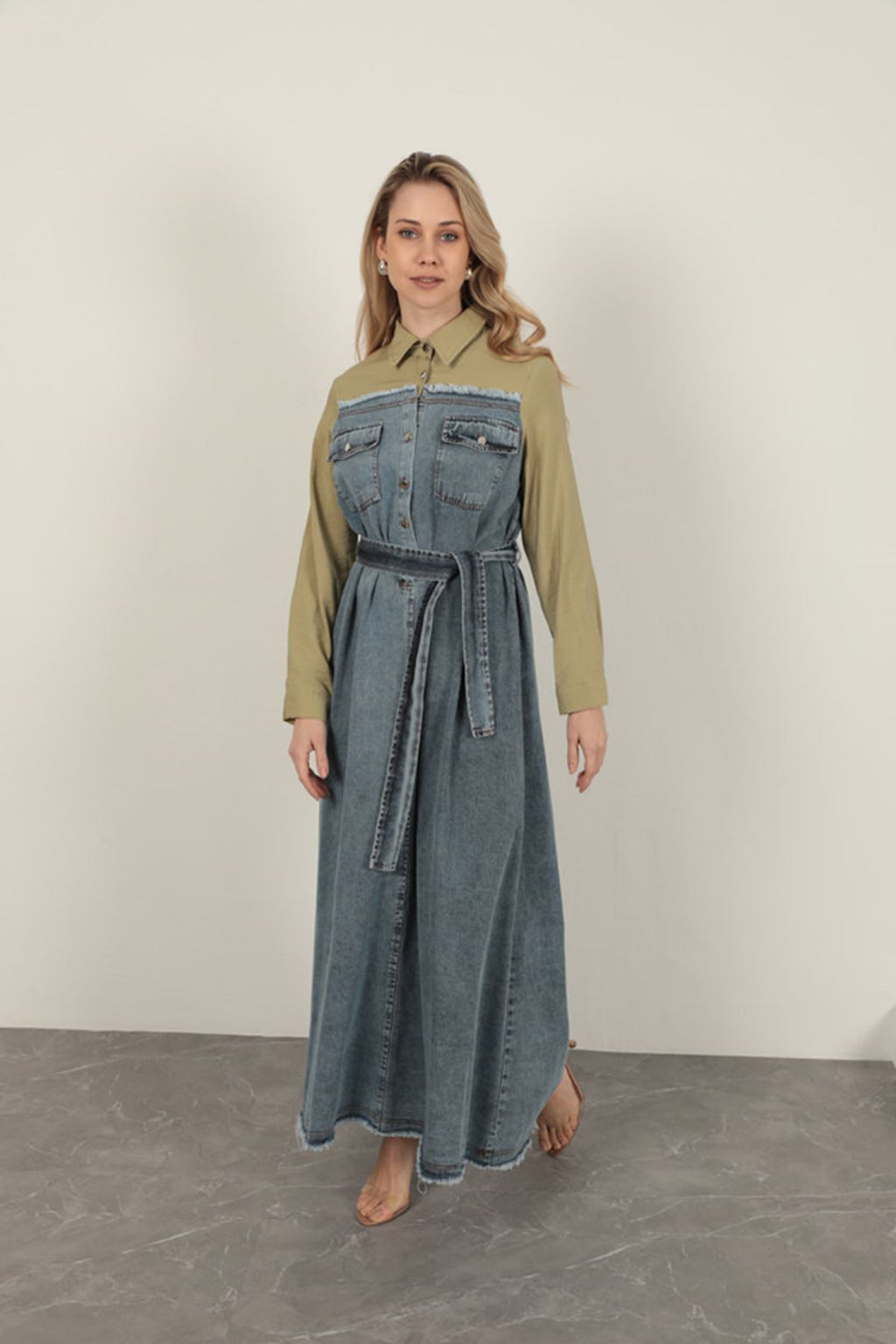 Denim Kumaş Garnili Elbise-Haki