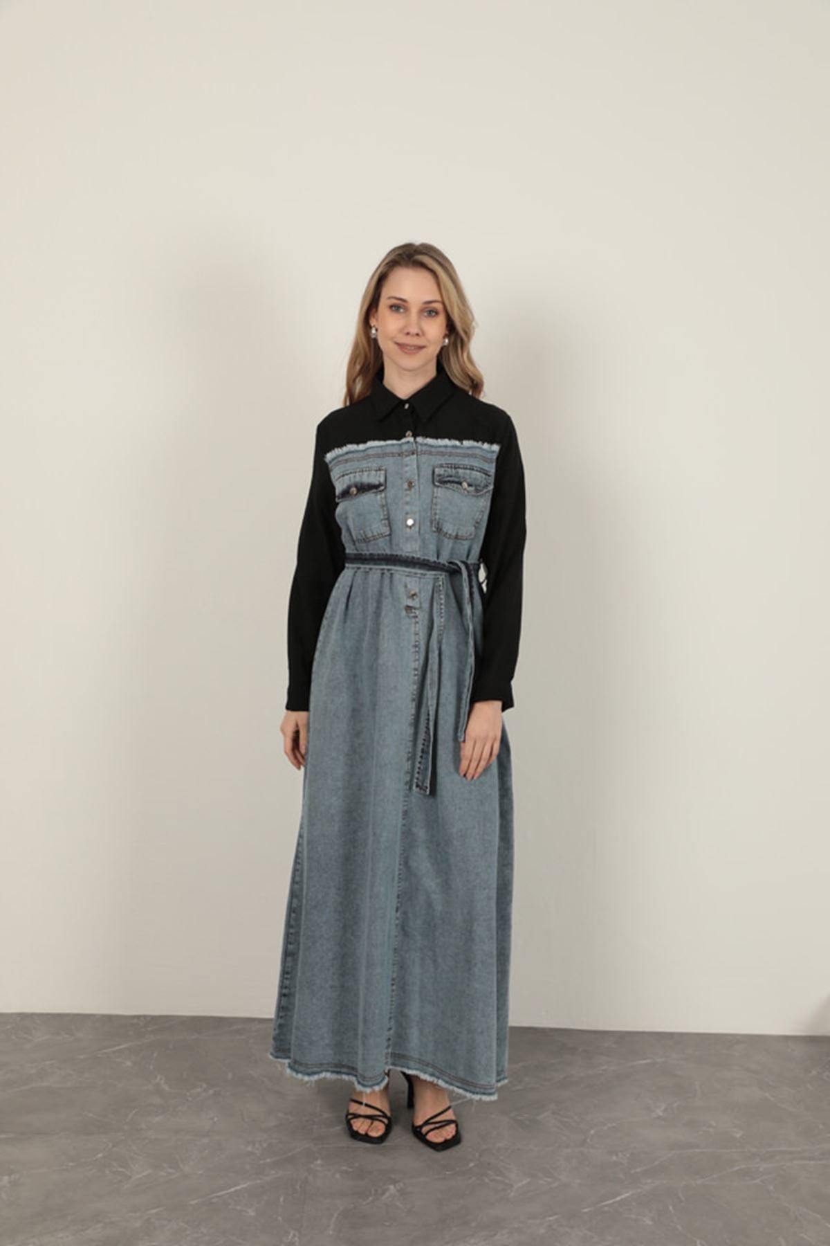 Denim Kumaş Garnili Elbise-Siyah