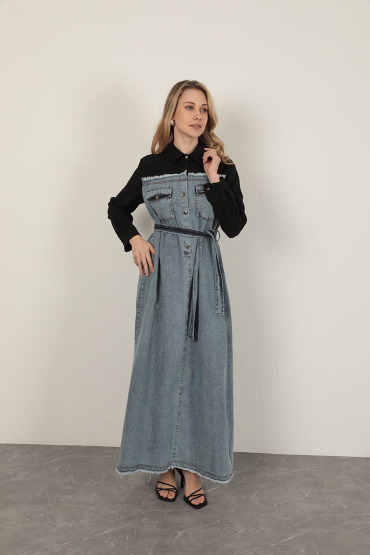 Denim Kumaş Garnili Elbise-Siyah