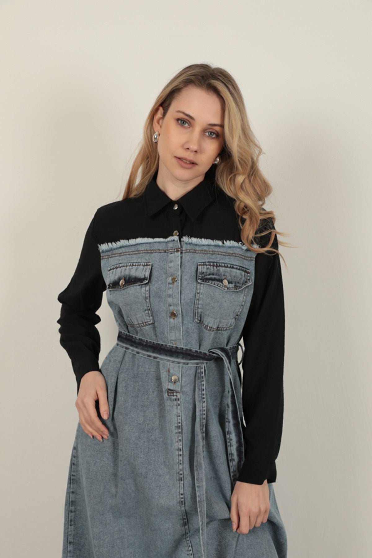 Denim Kumaş Garnili Elbise-Siyah