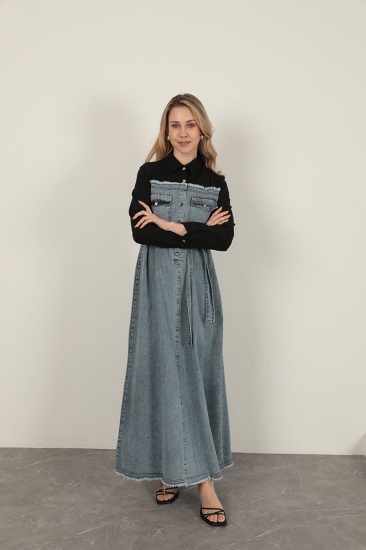 Denim Kumaş Garnili Elbise-Siyah