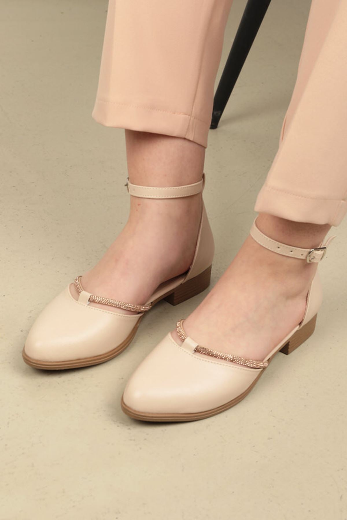 Kadın Kısa Topuklu Abiye Ayakkabı-Ten