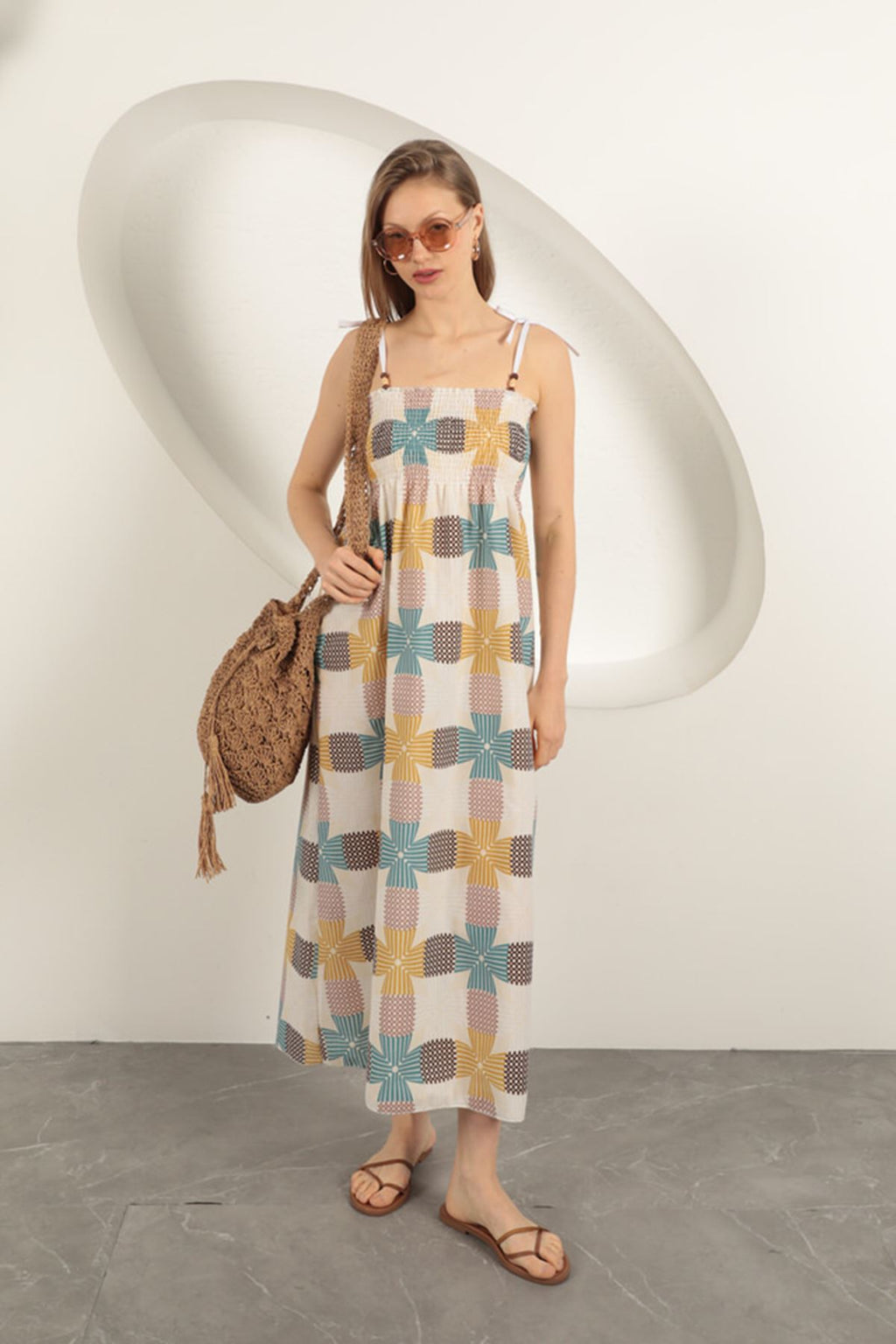 Keten Kumaş Desenli Elbise-Ekru