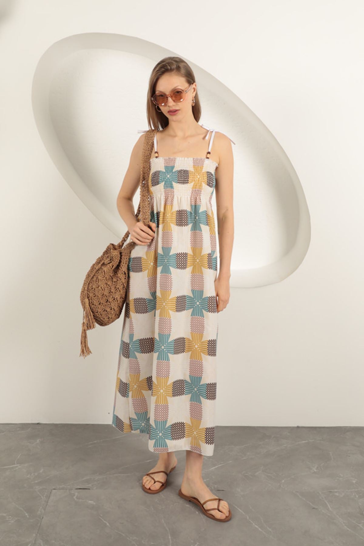 Keten Kumaş Desenli Elbise-Ekru