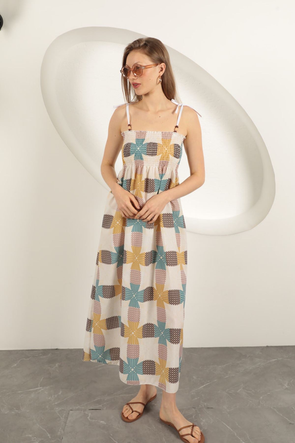 Keten Kumaş Desenli Elbise-Ekru