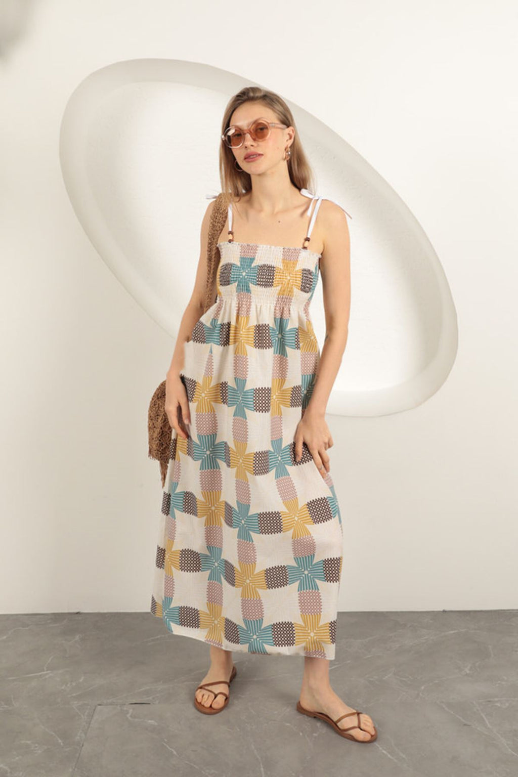 Keten Kumaş Desenli Elbise-Ekru