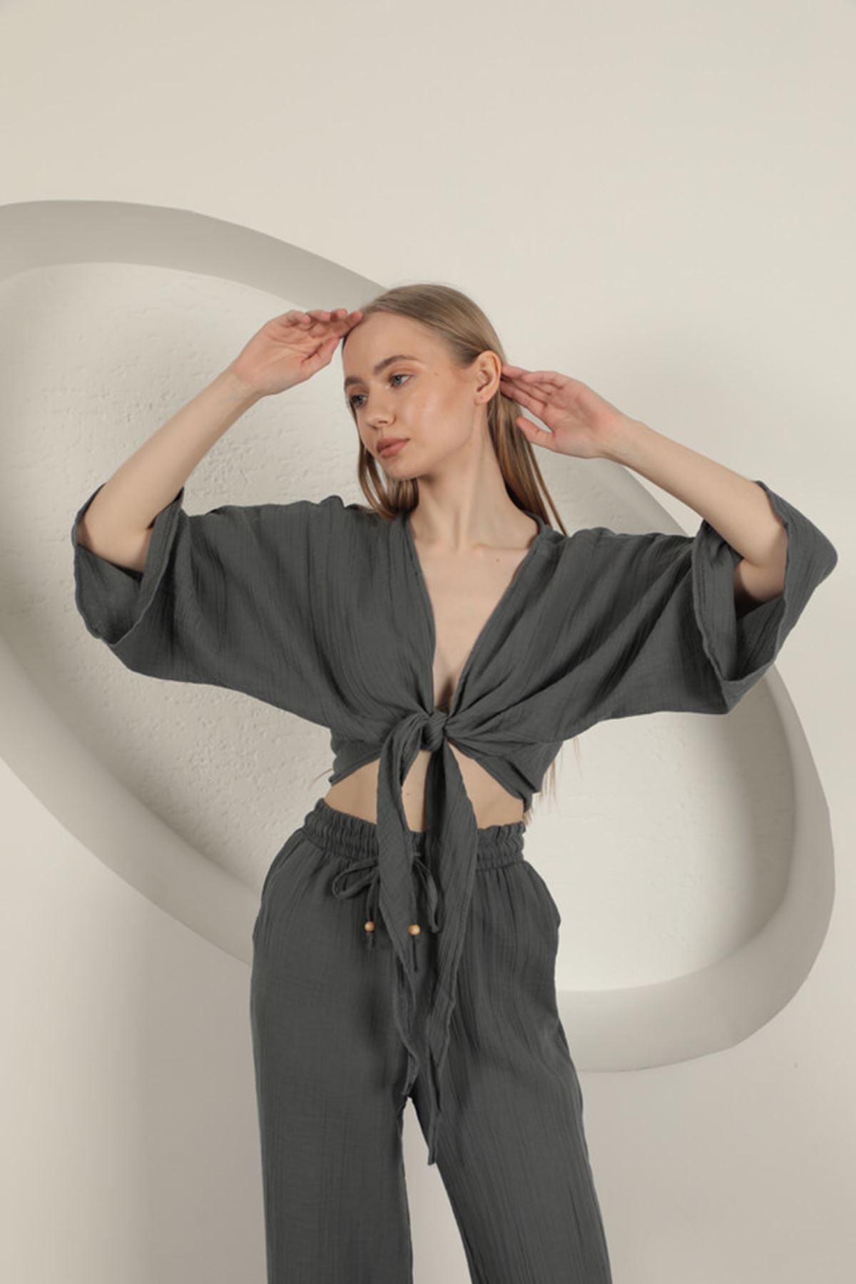 Müslin Kumaş Kimono-Antrasit