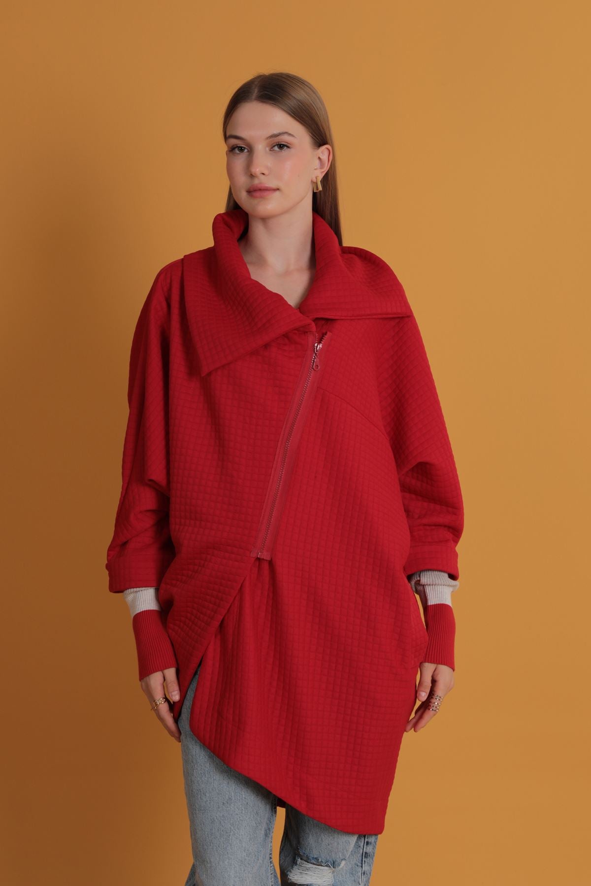 Petek Kumaş Kolu Ribana Detaylı Kadın Hırka-Kırmızı