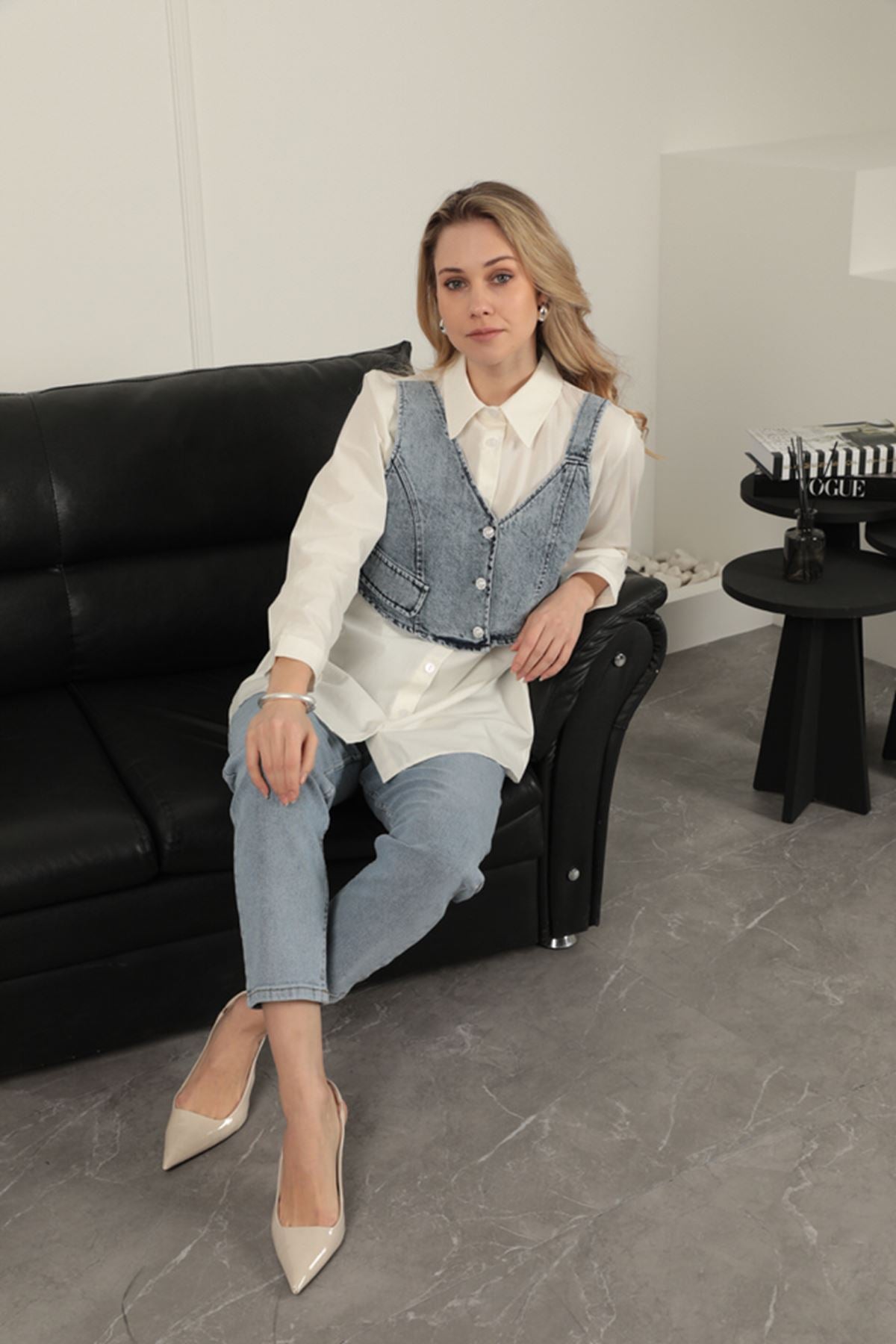 Poplin Kumaş Yelek Detaylı Ekru Kadın Gömlek