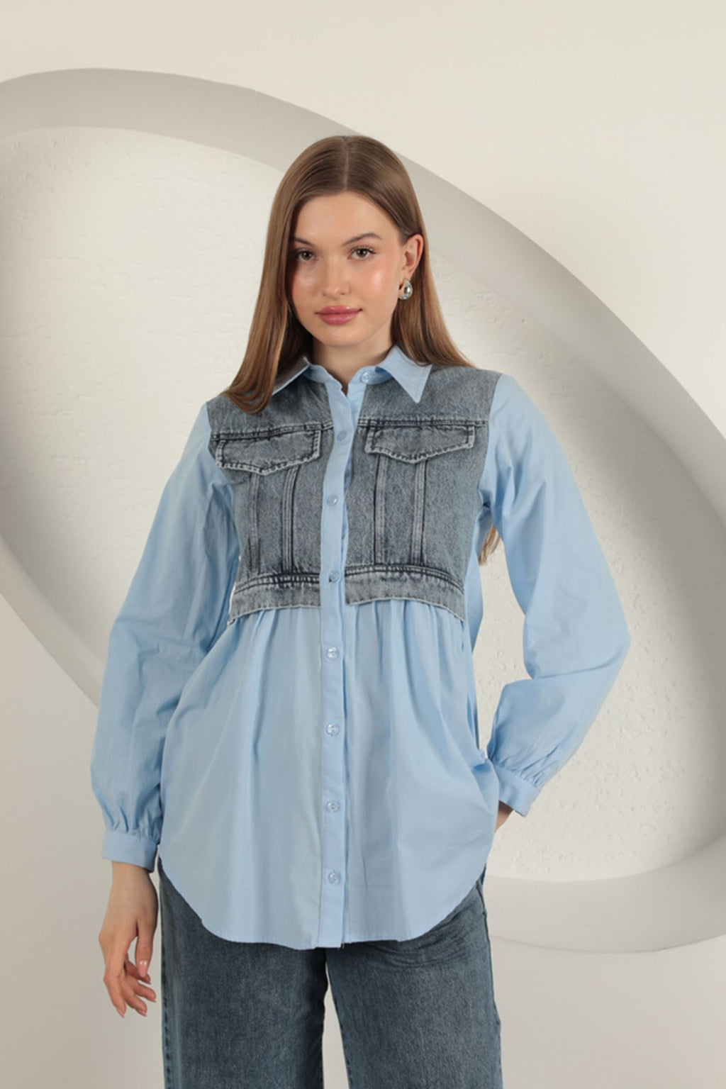Poplin Kumaş Kot Garnili Mavi Kadın Gömlek