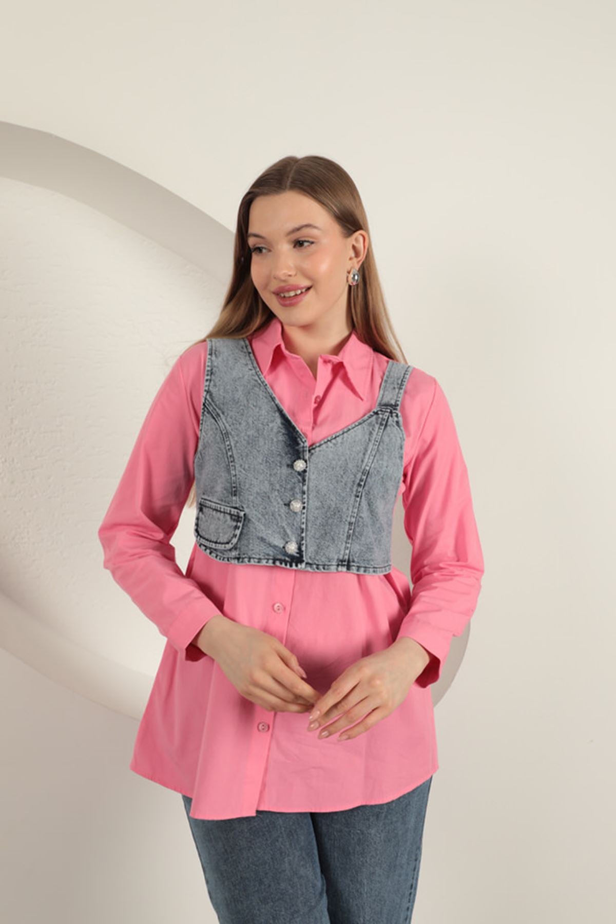 Poplin Kumaş Yelek Detaylı Pembe Kadın Gömlek