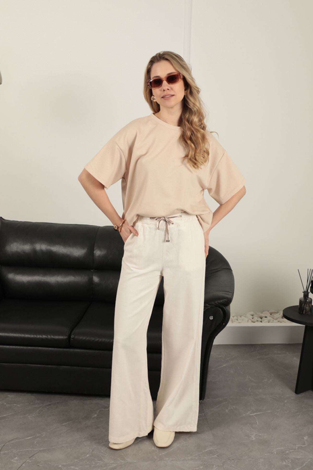 Sıfır Yaka Oversize İki İplik Tişört-Bej