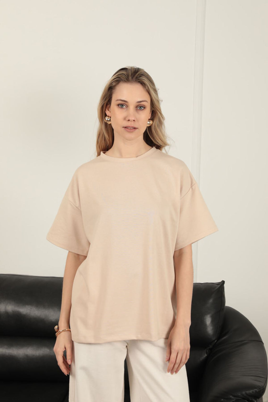 Sıfır Yaka Oversize İki İplik Tişört-Bej