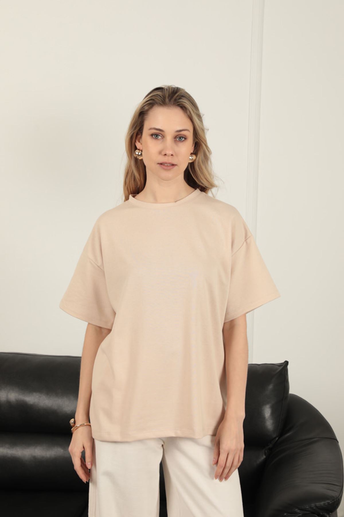 Sıfır Yaka Oversize İki İplik Tişört-Bej