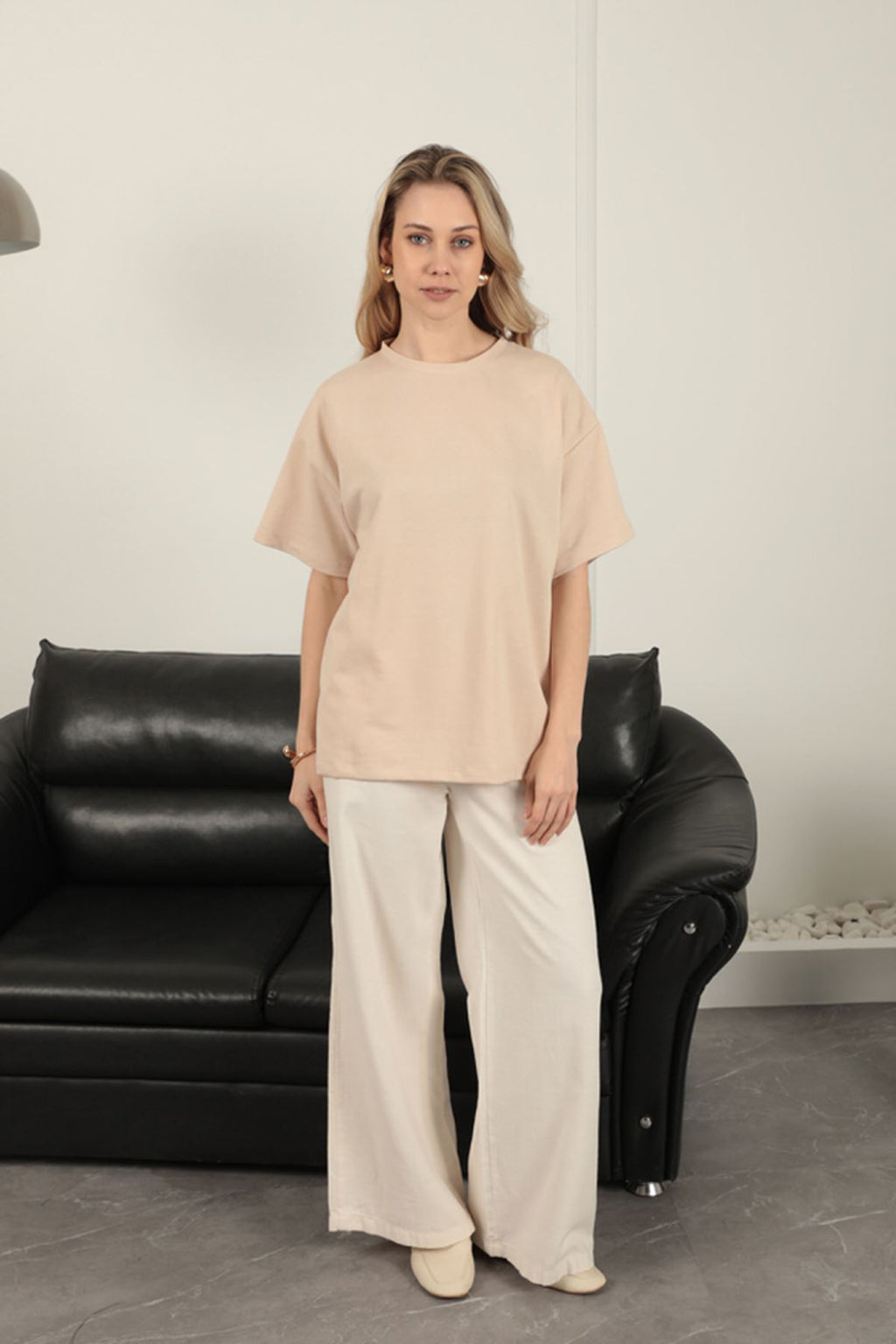 Sıfır Yaka Oversize İki İplik Tişört-Bej